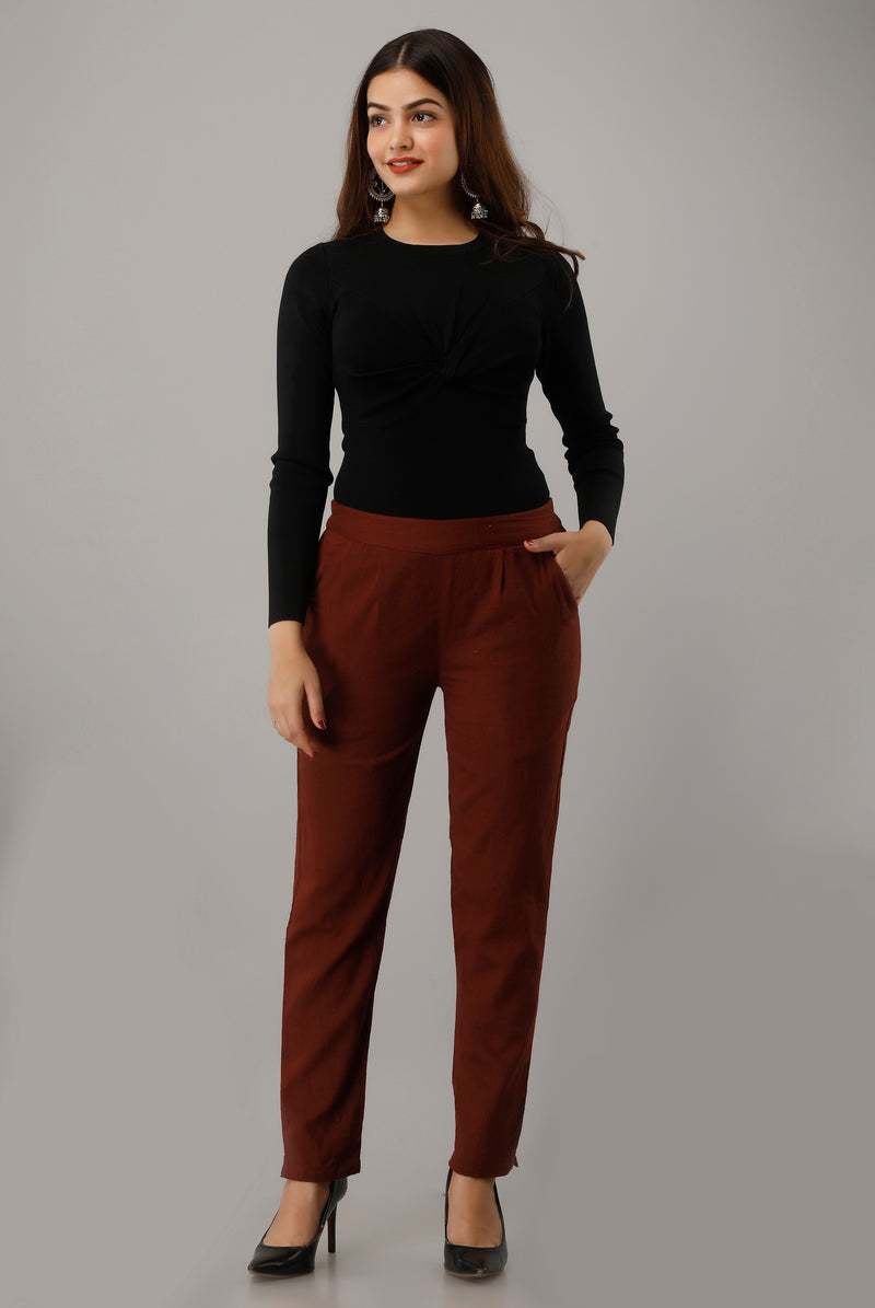 Svarchi Women's Cotton Flax Solid Straight Trouser Pant (Dark Brown)