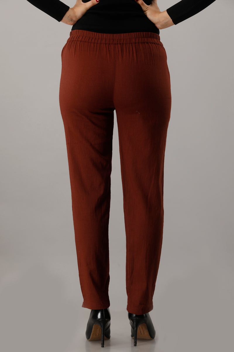 Svarchi Women's Cotton Flax Solid Straight Trouser Pant (Dark Brown)