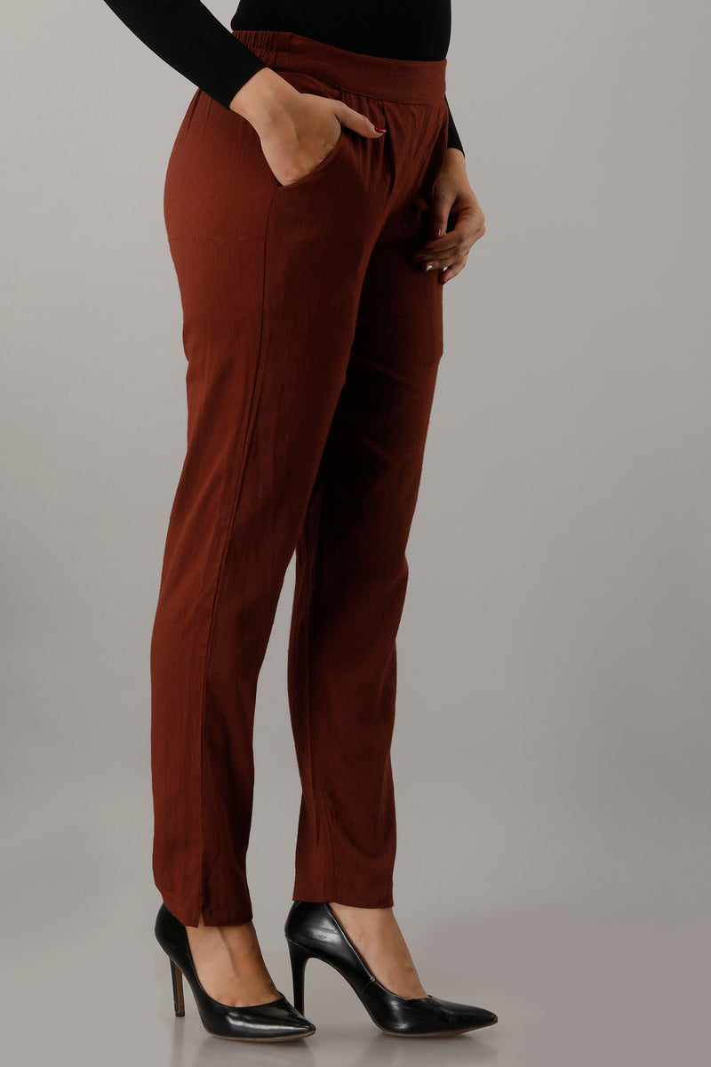 Svarchi Women's Cotton Flax Solid Straight Trouser Pant (Dark Brown)