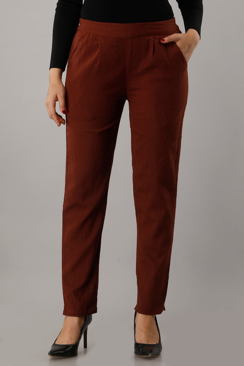 Svarchi Women's Cotton Flax Solid Straight Trouser Pant (Dark Brown)