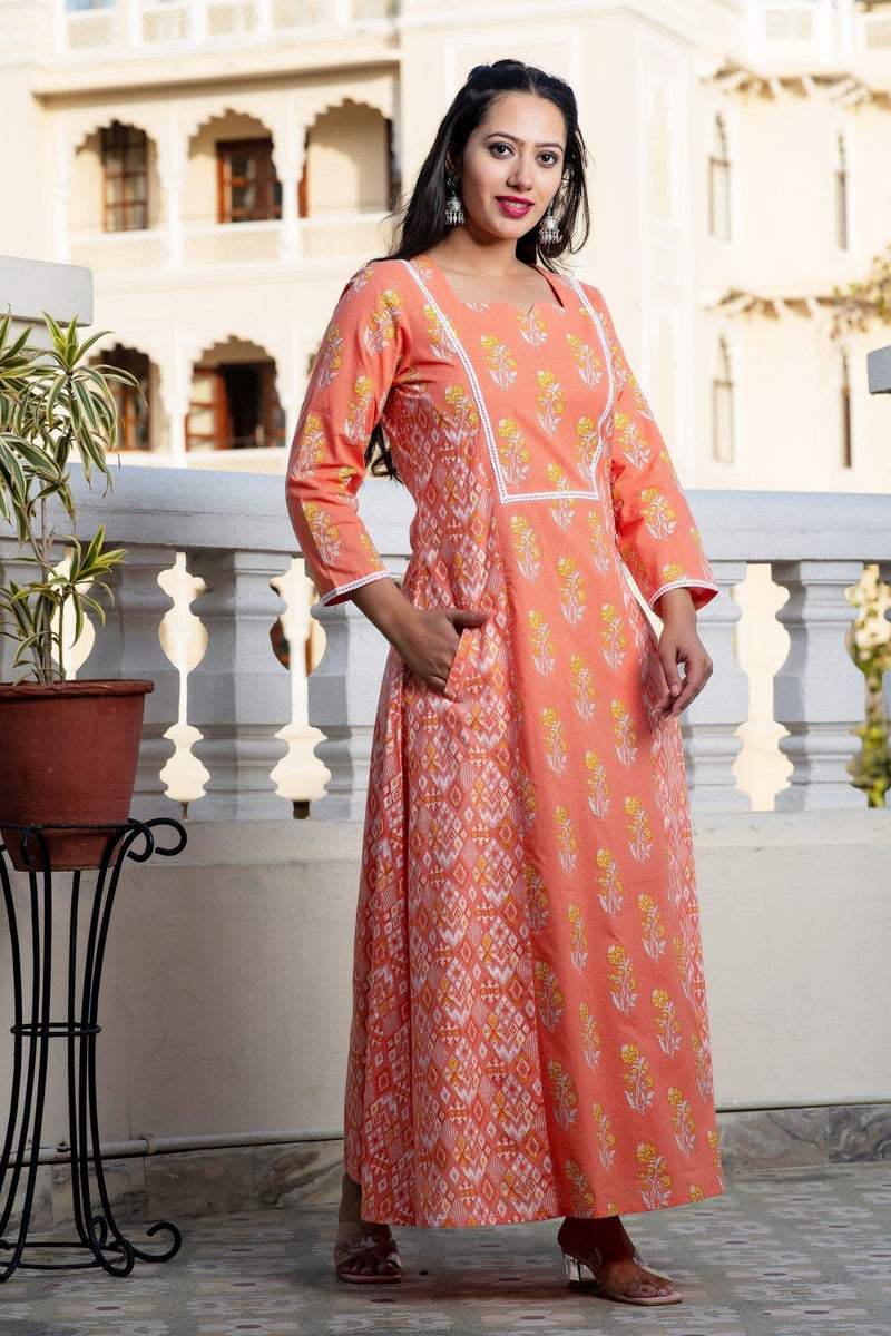 Svarchi Melon Cantaloupe Orange Premium Cotton Ankle Length Dress