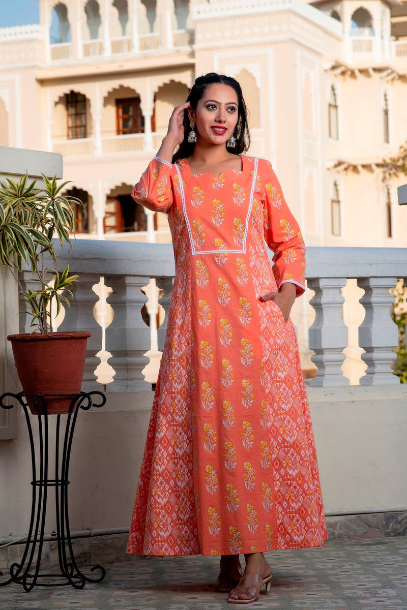 Svarchi Melon Cantaloupe Orange Premium Cotton Ankle Length Dress