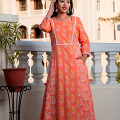 Svarchi Melon Cantaloupe Orange Premium Cotton Ankle Length Dress