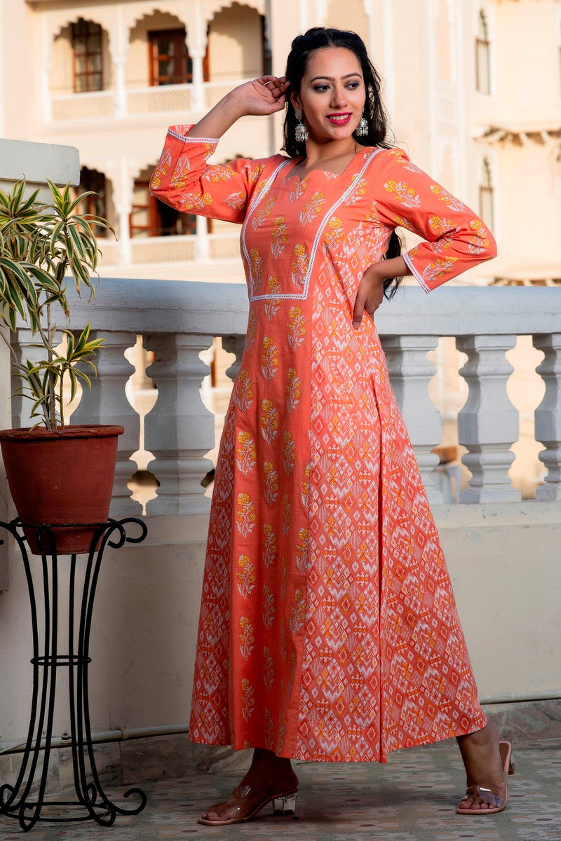 Svarchi Melon Cantaloupe Orange Premium Cotton Ankle Length Dress