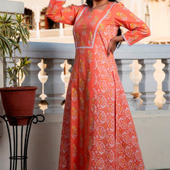Svarchi Melon Cantaloupe Orange Premium Cotton Ankle Length Dress