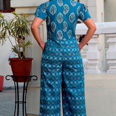 Svarchi Yale Blue White Premium Cotton Gold Foil Printed Jumpsuit
