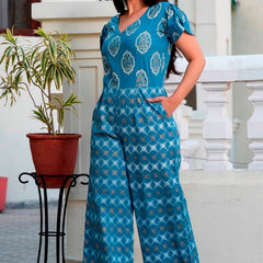 Svarchi Yale Blue White Premium Cotton Gold Foil Printed Jumpsuit