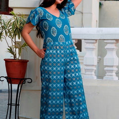 Svarchi Yale Blue White Premium Cotton Gold Foil Printed Jumpsuit