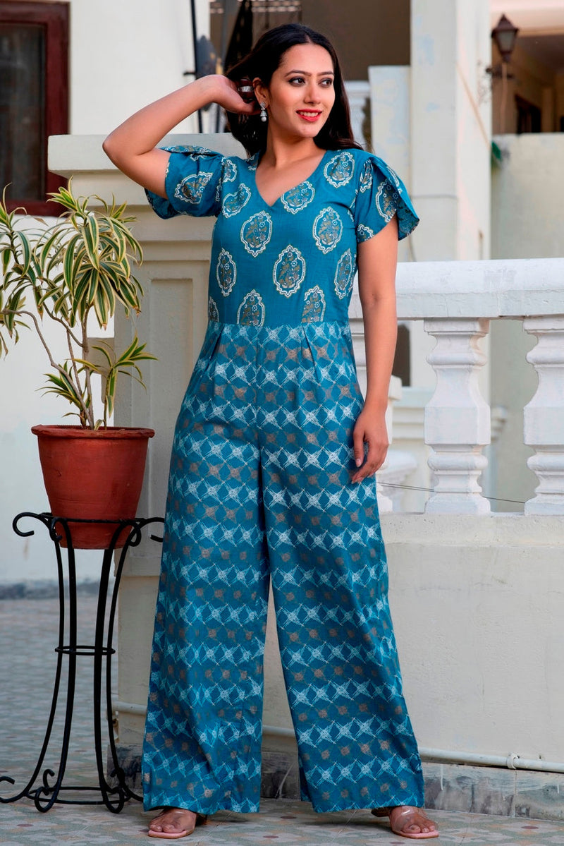 Svarchi Yale Blue White Premium Cotton Gold Foil Printed Jumpsuit