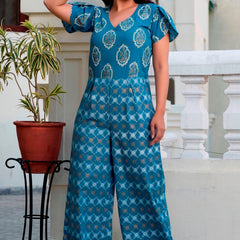 Svarchi Yale Blue White Premium Cotton Gold Foil Printed Jumpsuit