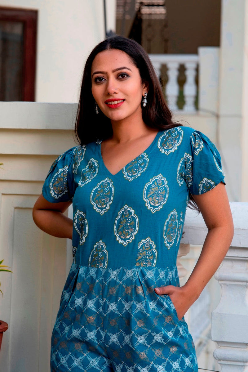 Svarchi Yale Blue White Premium Cotton Gold Foil Printed Jumpsuit