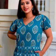 Svarchi Yale Blue White Premium Cotton Gold Foil Printed Jumpsuit