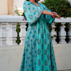 Svarchi Adqeduct Turquoise Blue Premium Cotton Gold Foil Printed Dress