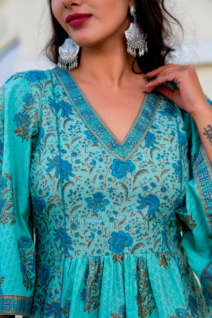 Svarchi Adqeduct Turquoise Blue Premium Cotton Gold Foil Printed Dress