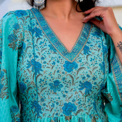 Svarchi Adqeduct Turquoise Blue Premium Cotton Gold Foil Printed Dress