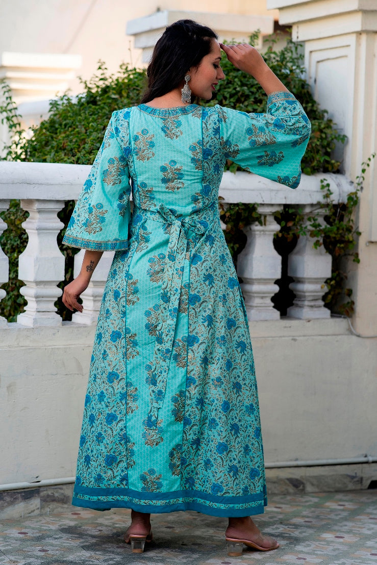 Svarchi Adqeduct Turquoise Blue Premium Cotton Gold Foil Printed Dress