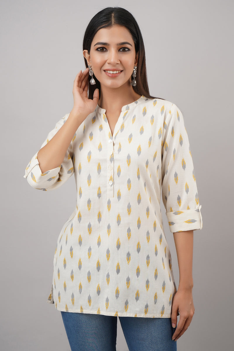 Svarchi Women's Rayon Cotton Blend Block Print Straight Tunic (White)