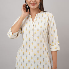 Svarchi Women's Rayon Cotton Blend Block Print Straight Tunic (White)