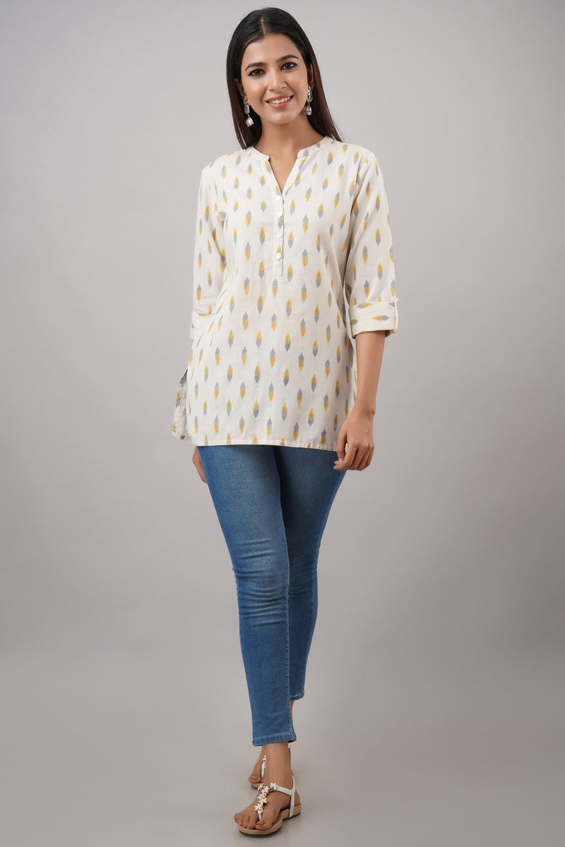 Svarchi Women's Rayon Cotton Blend Block Print Straight Tunic (White)