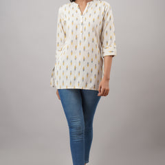 Svarchi Women's Rayon Cotton Blend Block Print Straight Tunic (White)