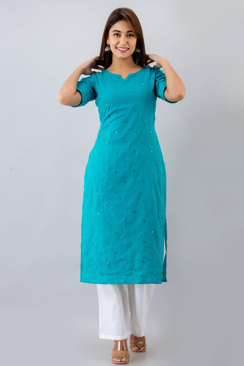 Svarchi Womens Cotton Blend Embellished Straight Kurta (Turquoise)