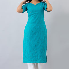 Svarchi Womens Cotton Blend Embellished Straight Kurta (Turquoise)