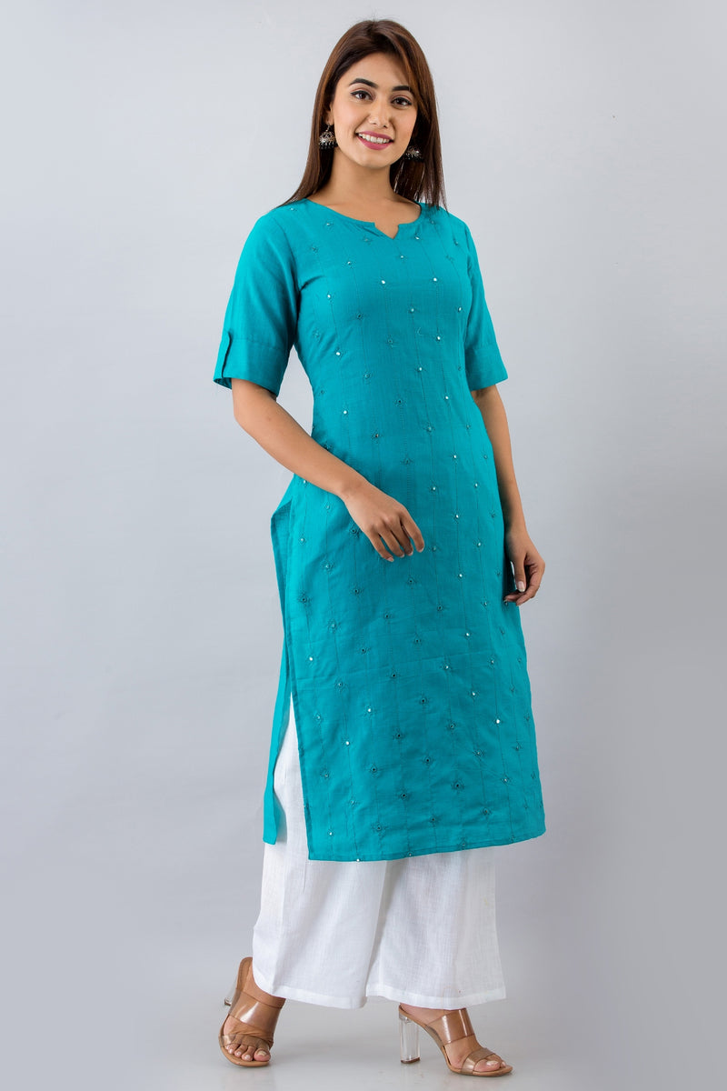 Svarchi Womens Cotton Blend Embellished Straight Kurta (Turquoise)