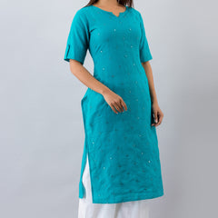 Svarchi Womens Cotton Blend Embellished Straight Kurta (Turquoise)