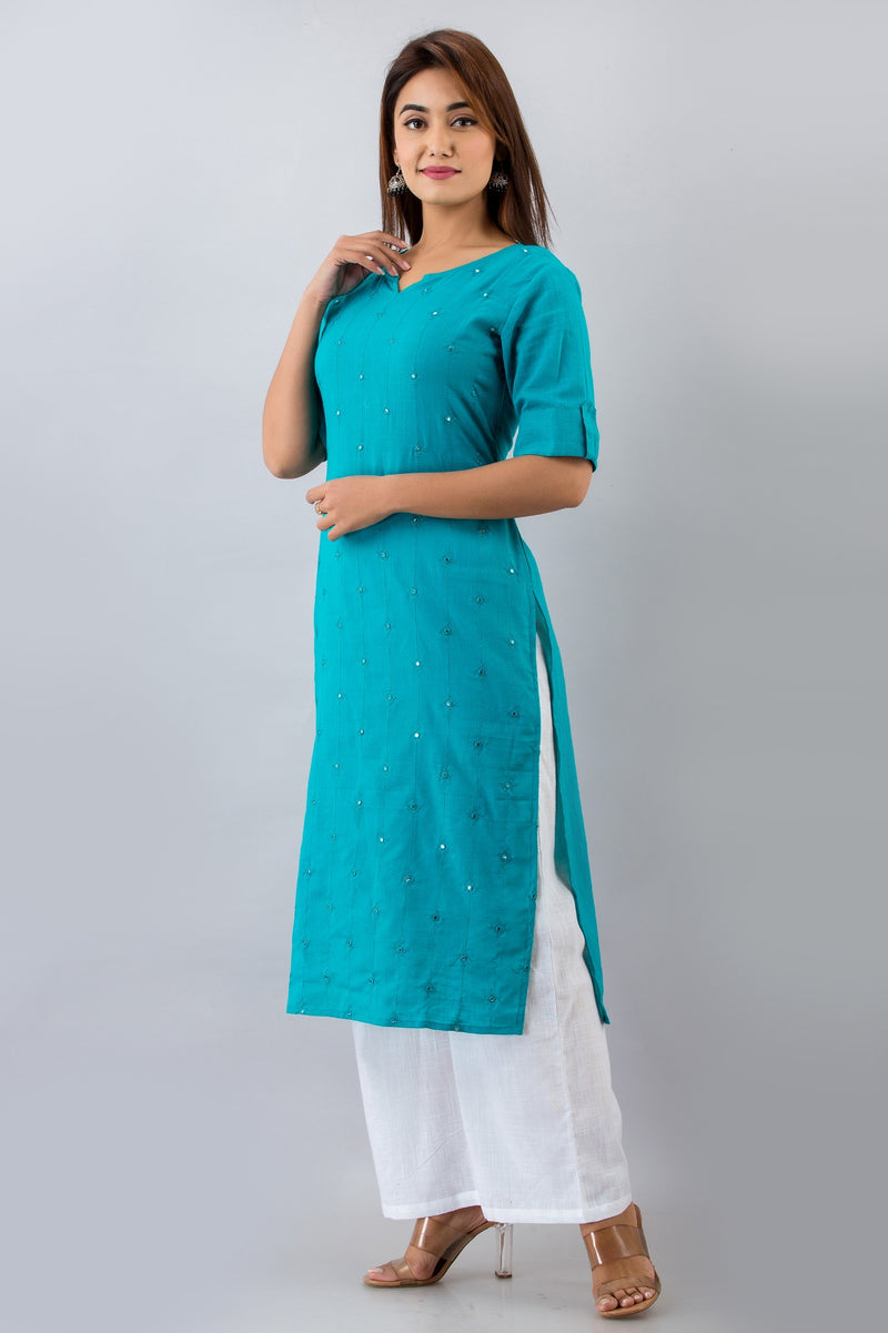 Svarchi Womens Cotton Blend Embellished Straight Kurta (Turquoise)
