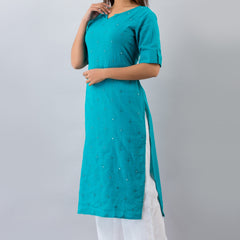 Svarchi Womens Cotton Blend Embellished Straight Kurta (Turquoise)