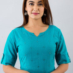 Svarchi Womens Cotton Blend Embellished Straight Kurta (Turquoise)