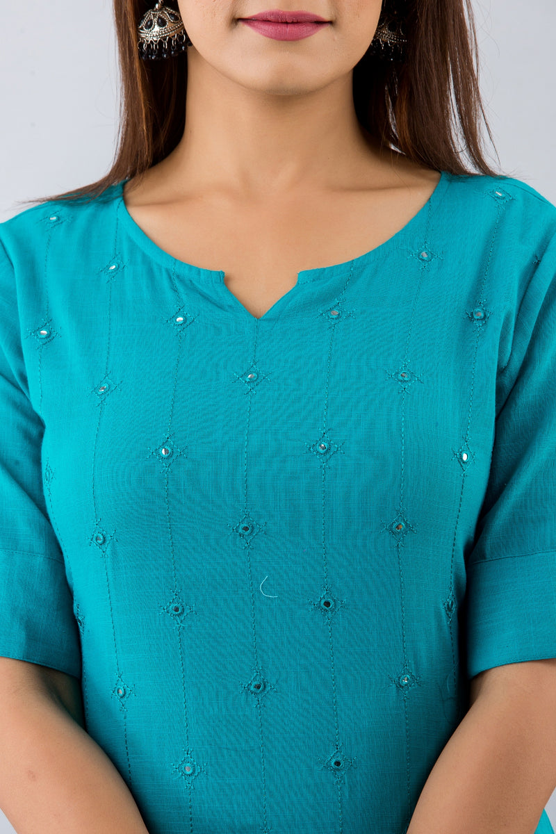 Svarchi Womens Cotton Blend Embellished Straight Kurta (Turquoise)