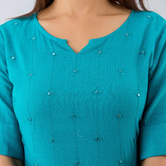 Svarchi Womens Cotton Blend Embellished Straight Kurta (Turquoise)