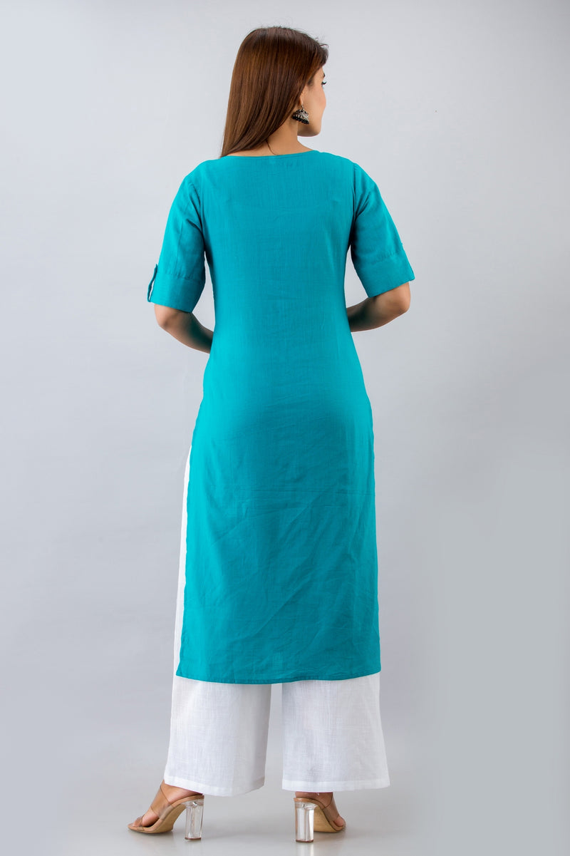 Svarchi Womens Cotton Blend Embellished Straight Kurta (Turquoise)