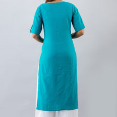 Svarchi Womens Cotton Blend Embellished Straight Kurta (Turquoise)
