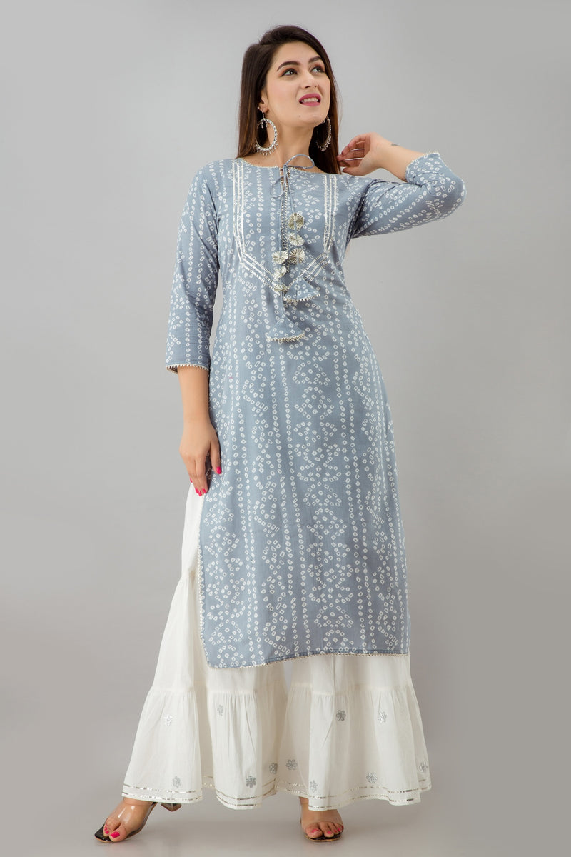 Svarchi  Womens Rayon  Bandhej Print Straight Kurta  (Grey)