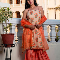 Svarchi Apricot Coral Orange Premium Cotton Gold Foil Printed Suit Set With Organza Dupatta