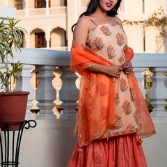 Svarchi Apricot Coral Orange Premium Cotton Gold Foil Printed Suit Set With Organza Dupatta
