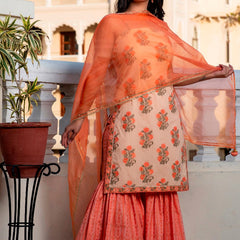 Svarchi Apricot Coral Orange Premium Cotton Gold Foil Printed Suit Set With Organza Dupatta