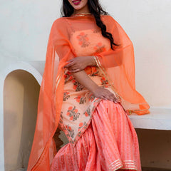 Svarchi Apricot Coral Orange Premium Cotton Gold Foil Printed Suit Set With Organza Dupatta