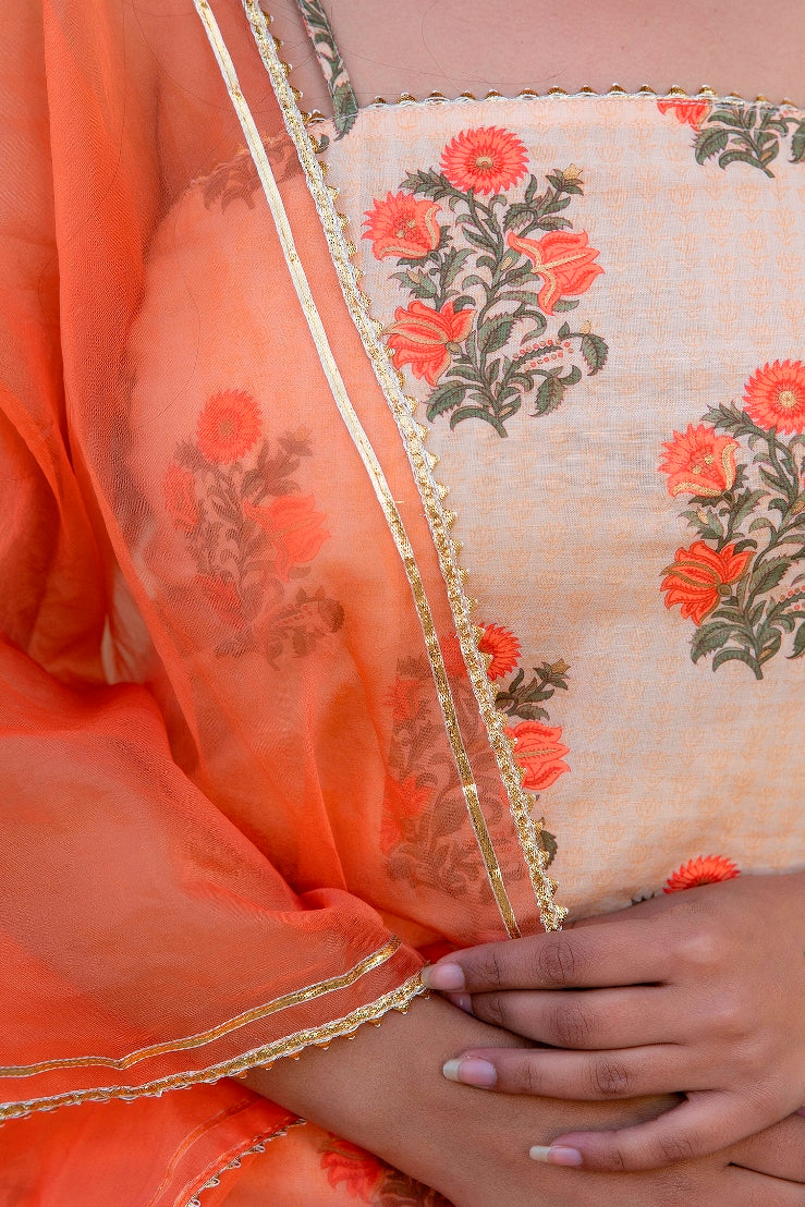 Svarchi Apricot Coral Orange Premium Cotton Gold Foil Printed Suit Set With Organza Dupatta