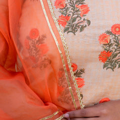 Svarchi Apricot Coral Orange Premium Cotton Gold Foil Printed Suit Set With Organza Dupatta