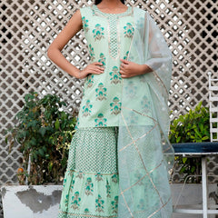 Svarchi Mint Tea Green Premium Cotton Gold Foil Printed Suit Set With Organza Dupatta