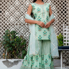 Svarchi Mint Tea Green Premium Cotton Gold Foil Printed Suit Set With Organza Dupatta