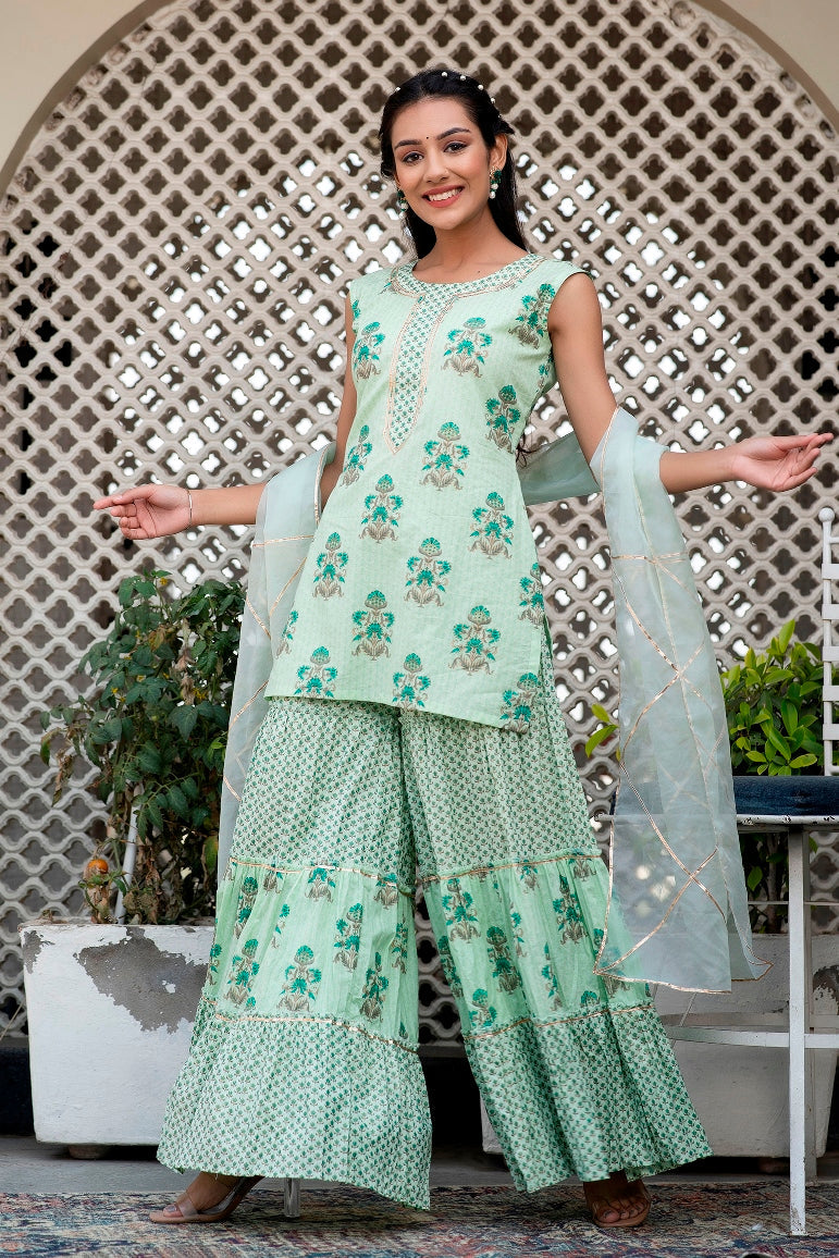 Svarchi Mint Tea Green Premium Cotton Gold Foil Printed Suit Set With Organza Dupatta