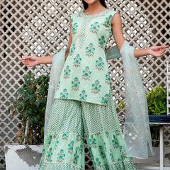 Svarchi Mint Tea Green Premium Cotton Gold Foil Printed Suit Set With Organza Dupatta