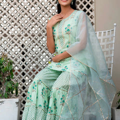 Svarchi Mint Tea Green Premium Cotton Gold Foil Printed Suit Set With Organza Dupatta