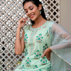 Svarchi Mint Tea Green Premium Cotton Gold Foil Printed Suit Set With Organza Dupatta