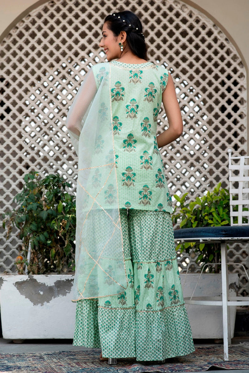 Svarchi Mint Tea Green Premium Cotton Gold Foil Printed Suit Set With Organza Dupatta