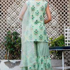 Svarchi Mint Tea Green Premium Cotton Gold Foil Printed Suit Set With Organza Dupatta